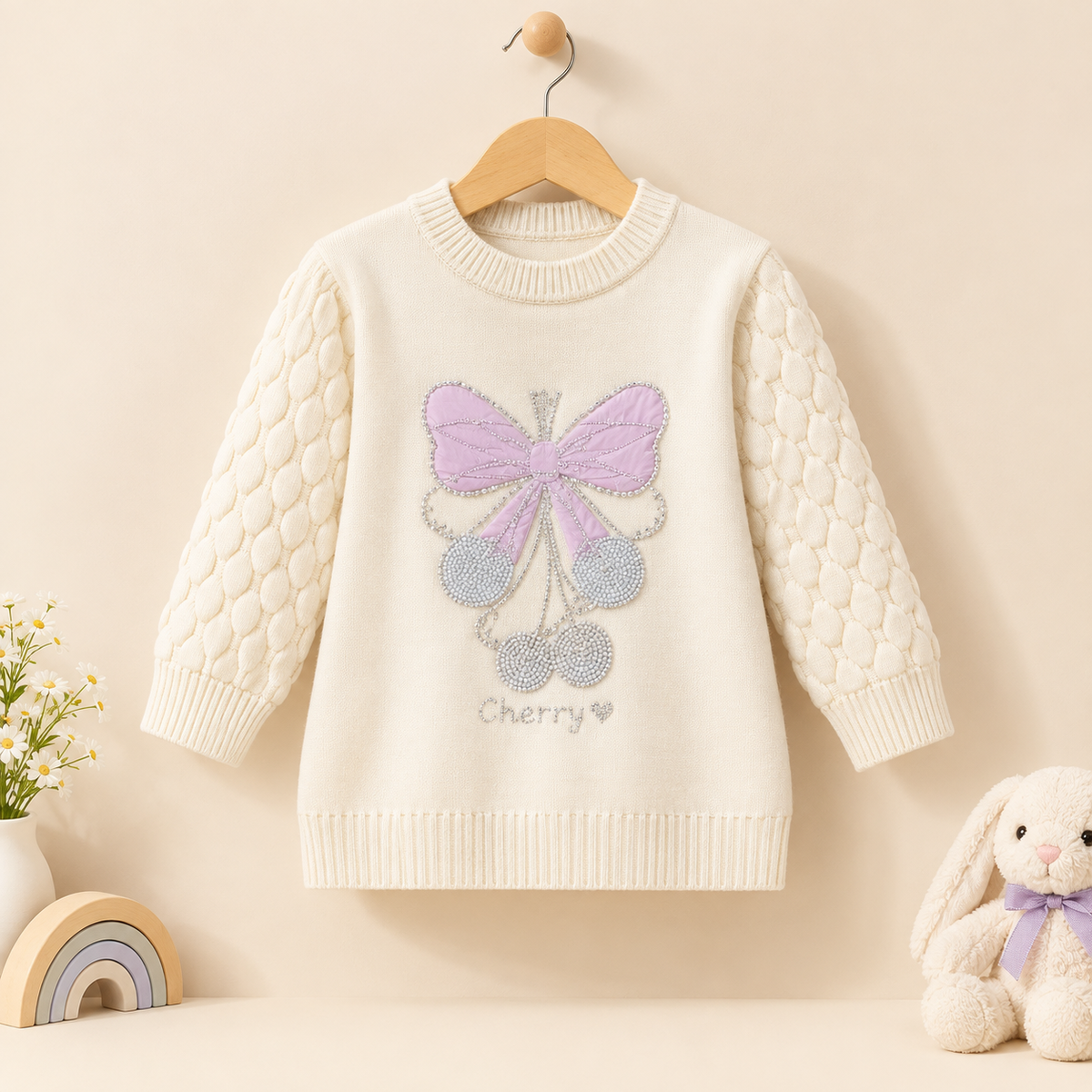 Girls Woolen Sweatshirt Bow Light Yellow