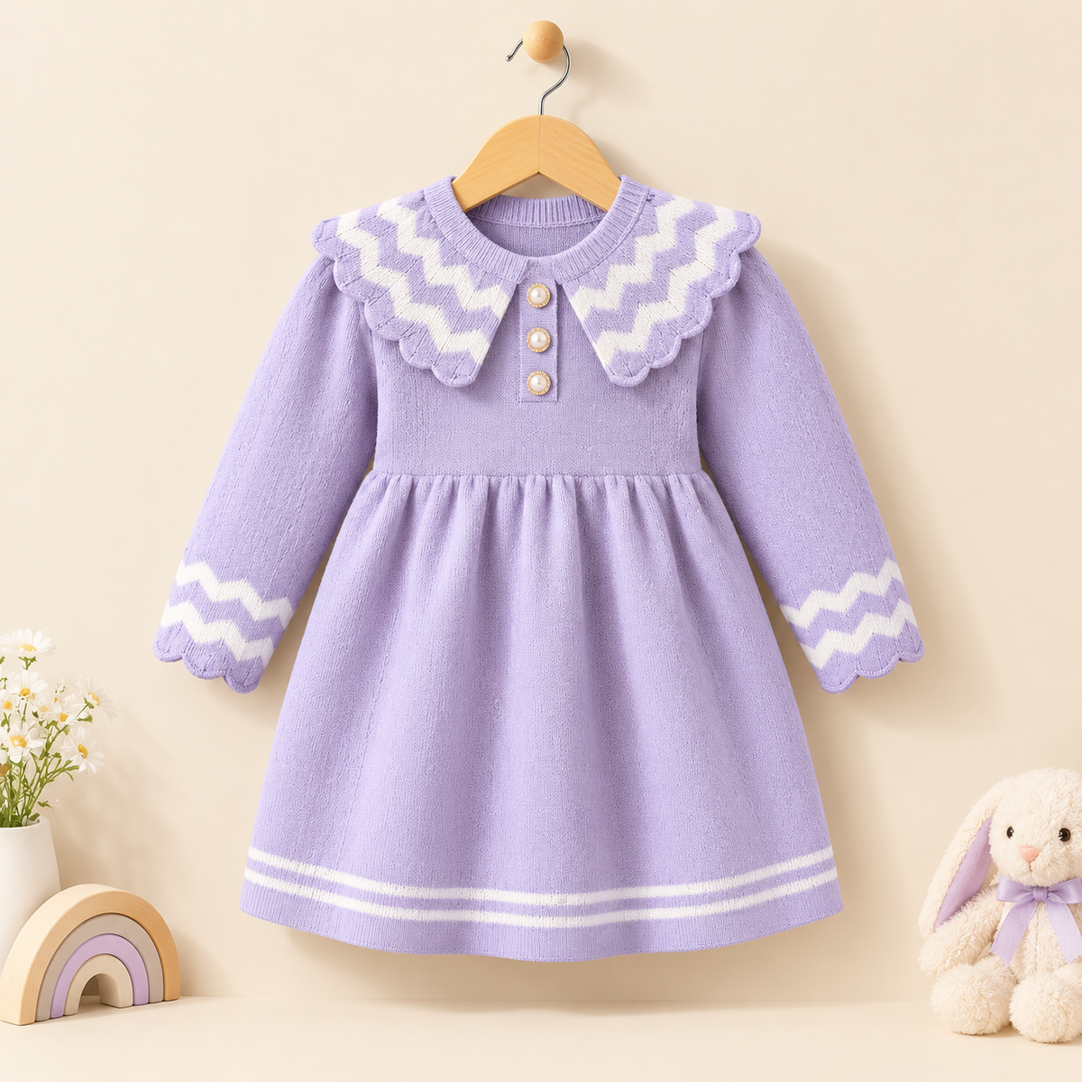 Girls Woolen Frock purple with White Stripes