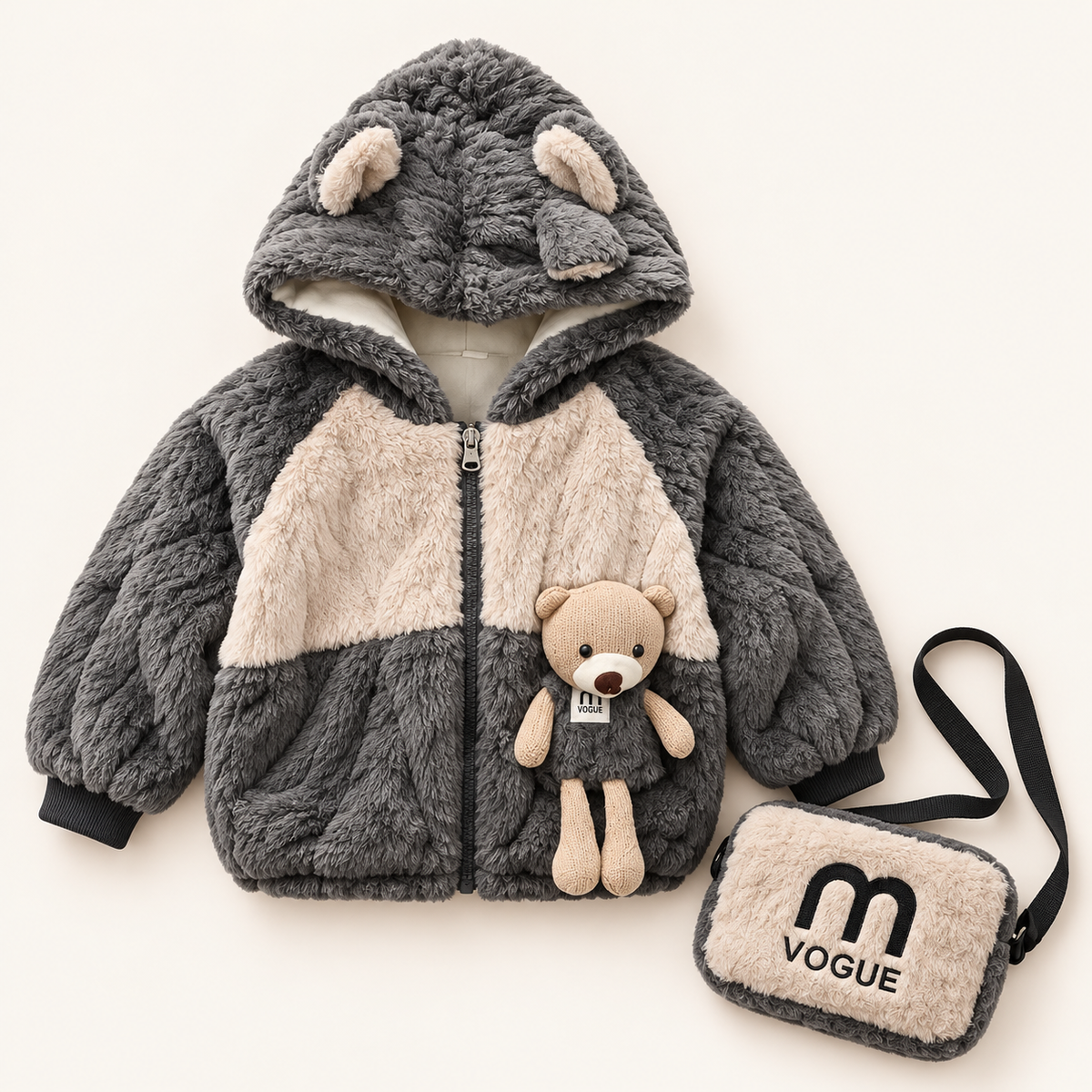 Kids Grey & Cream Teddy Bear Plush Hooded Winter Jacket with Matching Bag