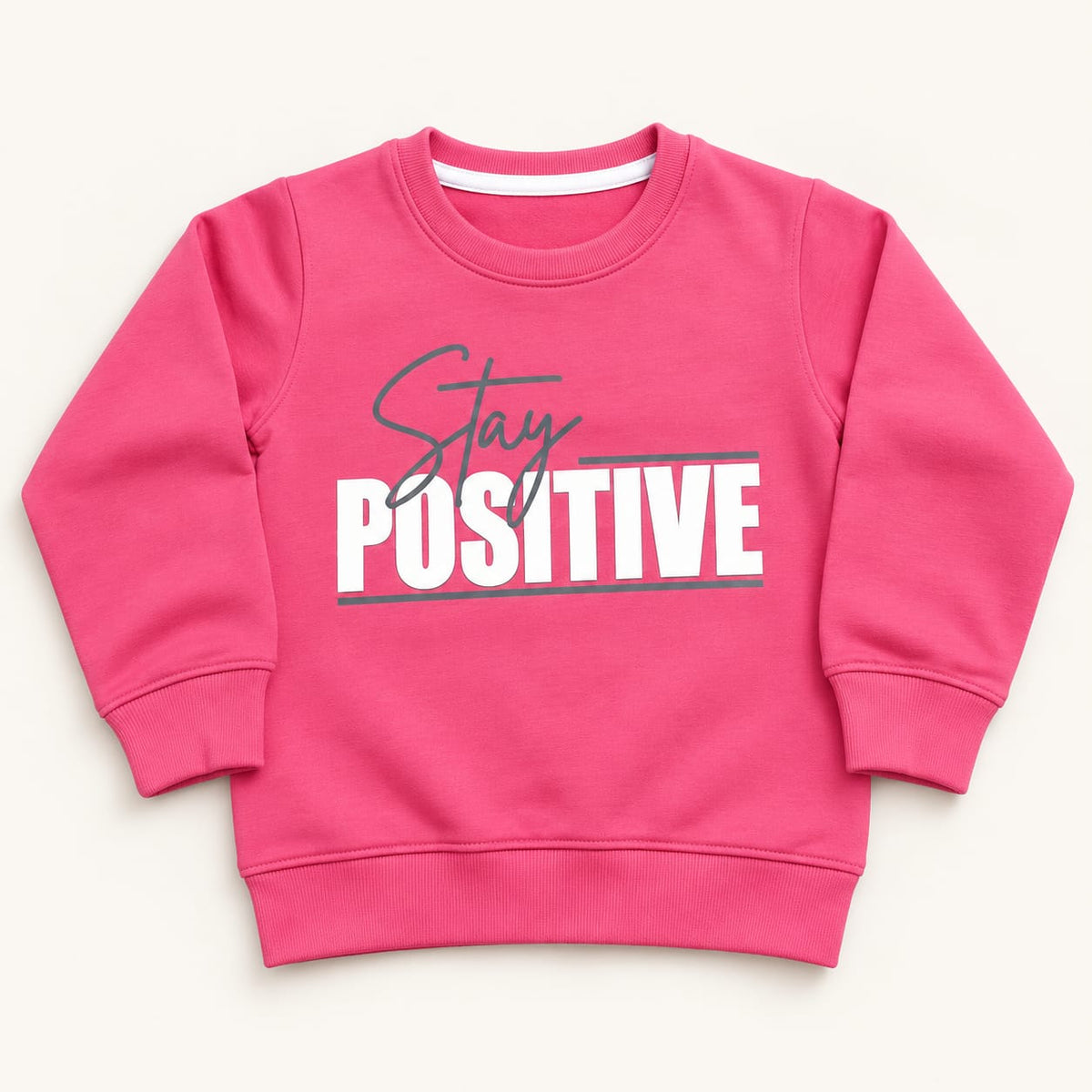 Kids Pink Stay Positive Graphic Sweatshirt – Boys & Girls Full Sleeve Crew Neck Winter Pullover