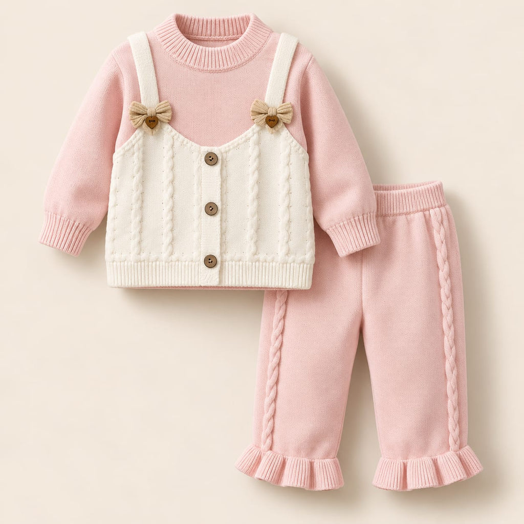 Baby Girls Pink Knitted Sweater with Cream Cable Knit Vest Design & Ruffle Pants – 2-Piece Winter Outfit