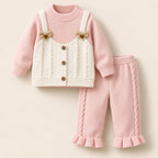 Baby Girls Pink Knitted Sweater with Cream Cable Knit Vest Design & Ruffle Pants – 2-Piece Winter Outfit