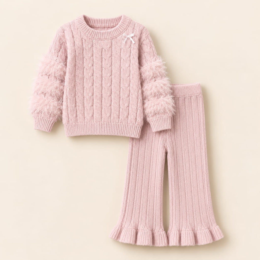 Baby Girls Pink Cable Knit Sweater & Ruffle Flared Pants 2-Piece Winter Outfit
