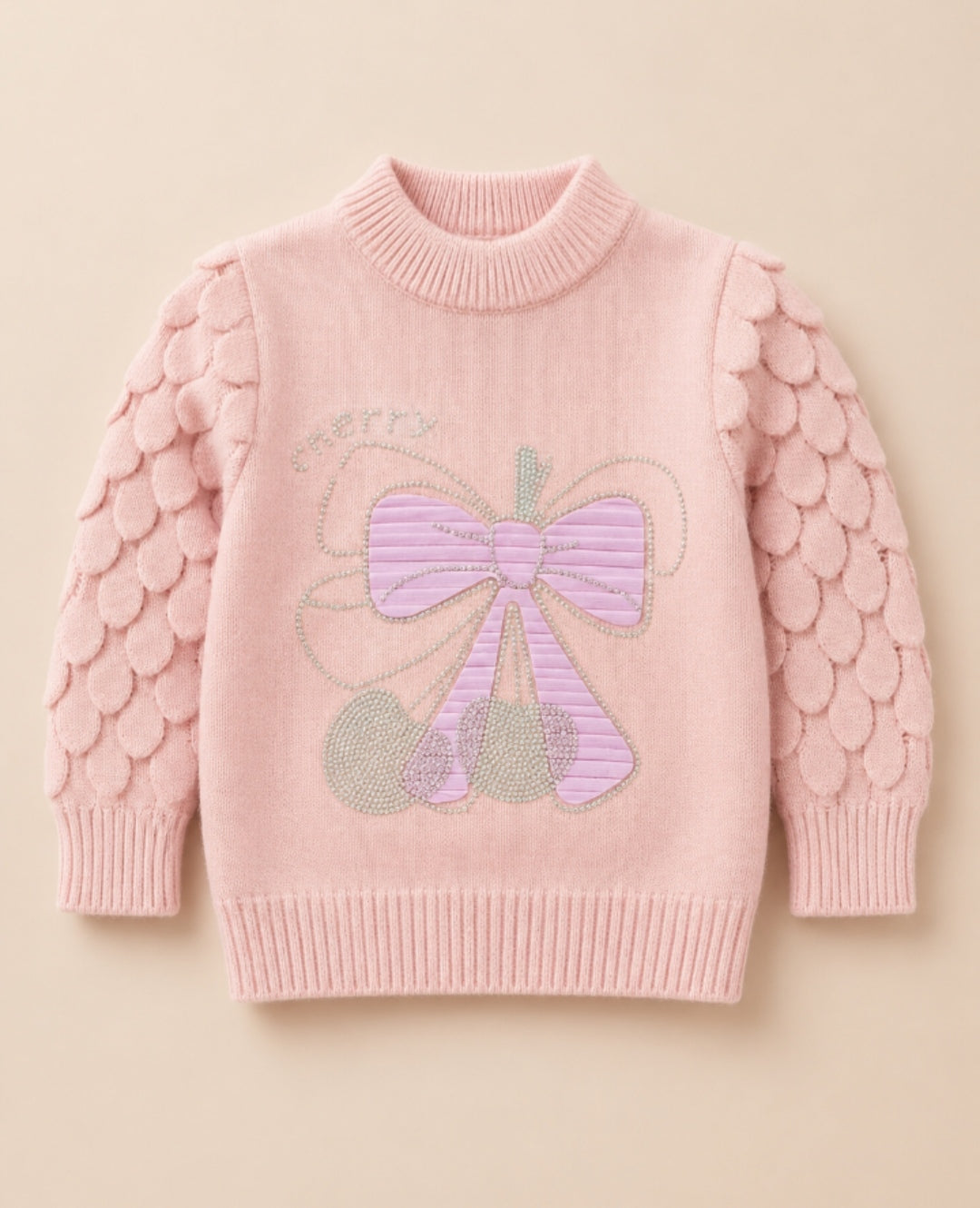 Girls Woolen Sweatshirt Bow Light Peach