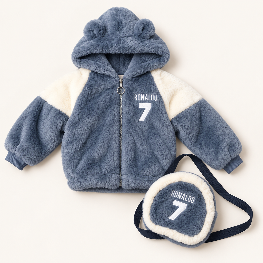 Kids Blue Grey Ronaldo 7 Plush Hooded Winter Jacket with Matching Crossbody Bag