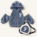 Kids Blue Grey Ronaldo 7 Plush Hooded Winter Jacket with Matching Crossbody Bag