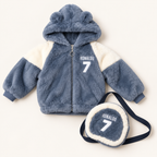 Kids Blue Grey Ronaldo 7 Plush Hooded Winter Jacket with Matching Crossbody Bag