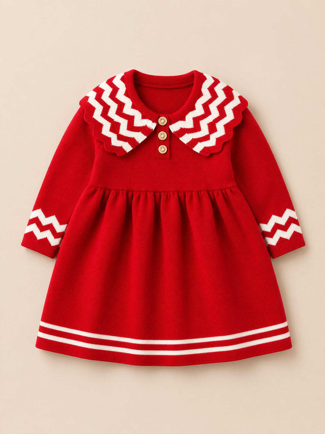Girls Woolen Frock Red with White Stripes
