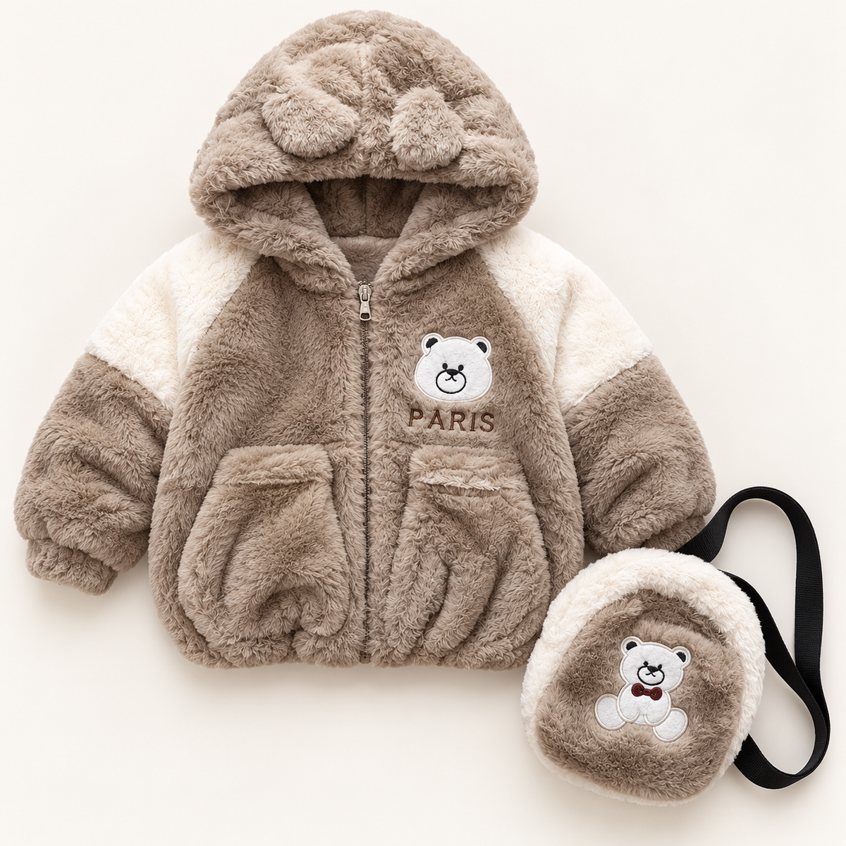 Kids Beige & Cream Teddy Bear Plush Hooded Winter Jacket with Matching Crossbody Bag