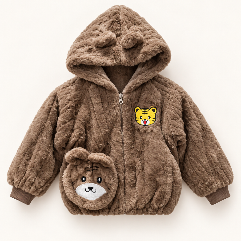 Kids Brown Tiger & Teddy Bear Plush Hooded Winter Jacket – Soft Fluffy Zip-Up Coat