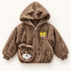 Kids Brown Tiger & Teddy Bear Plush Hooded Winter Jacket – Soft Fluffy Zip-Up Coat