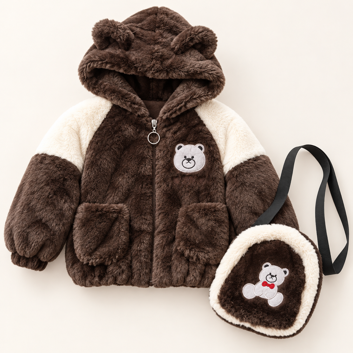 Kids Chocolate Brown & Cream Teddy Bear Plush Hooded Winter Jacket with Matching Crossbody Bag