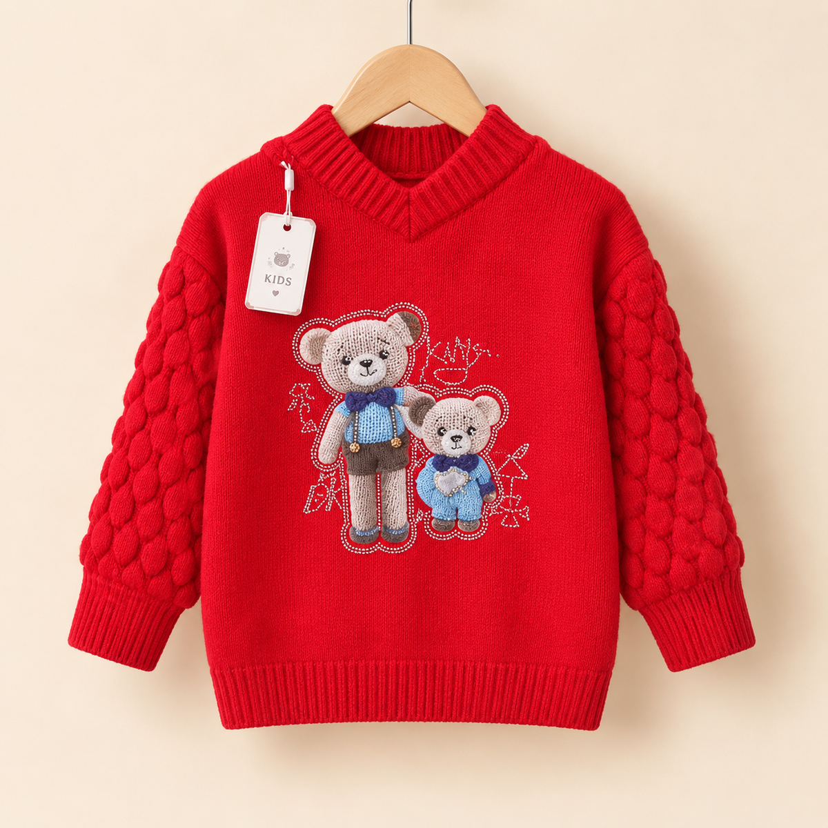 Girls Woolen Sweatshirt Bear Red