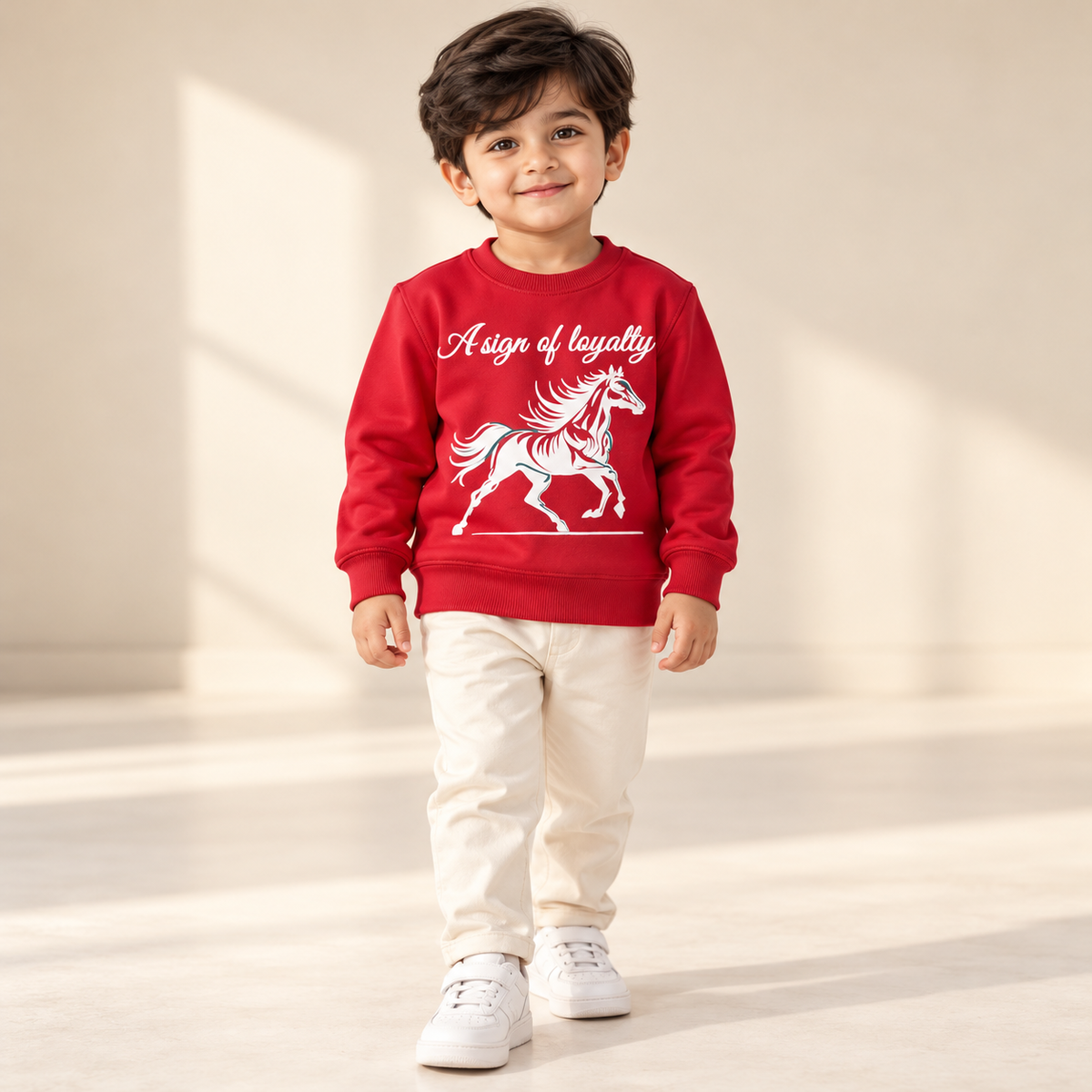 Kids Bright Red Horse Graphic Sweatshirt – Boys & Girls Full Sleeve Crew Neck Winter Pullover