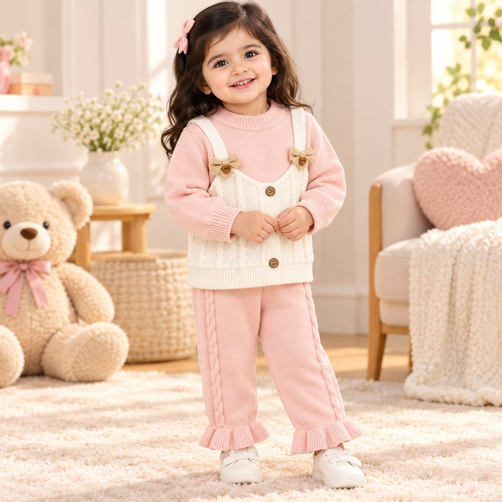 Baby Girls Pink Knitted Sweater with Cream Cable Knit Vest Design & Ruffle Pants – 2-Piece Winter Outfit