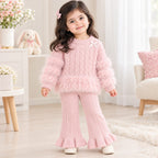 Baby Girls Pink Cable Knit Sweater & Ruffle Flared Pants 2-Piece Winter Outfit