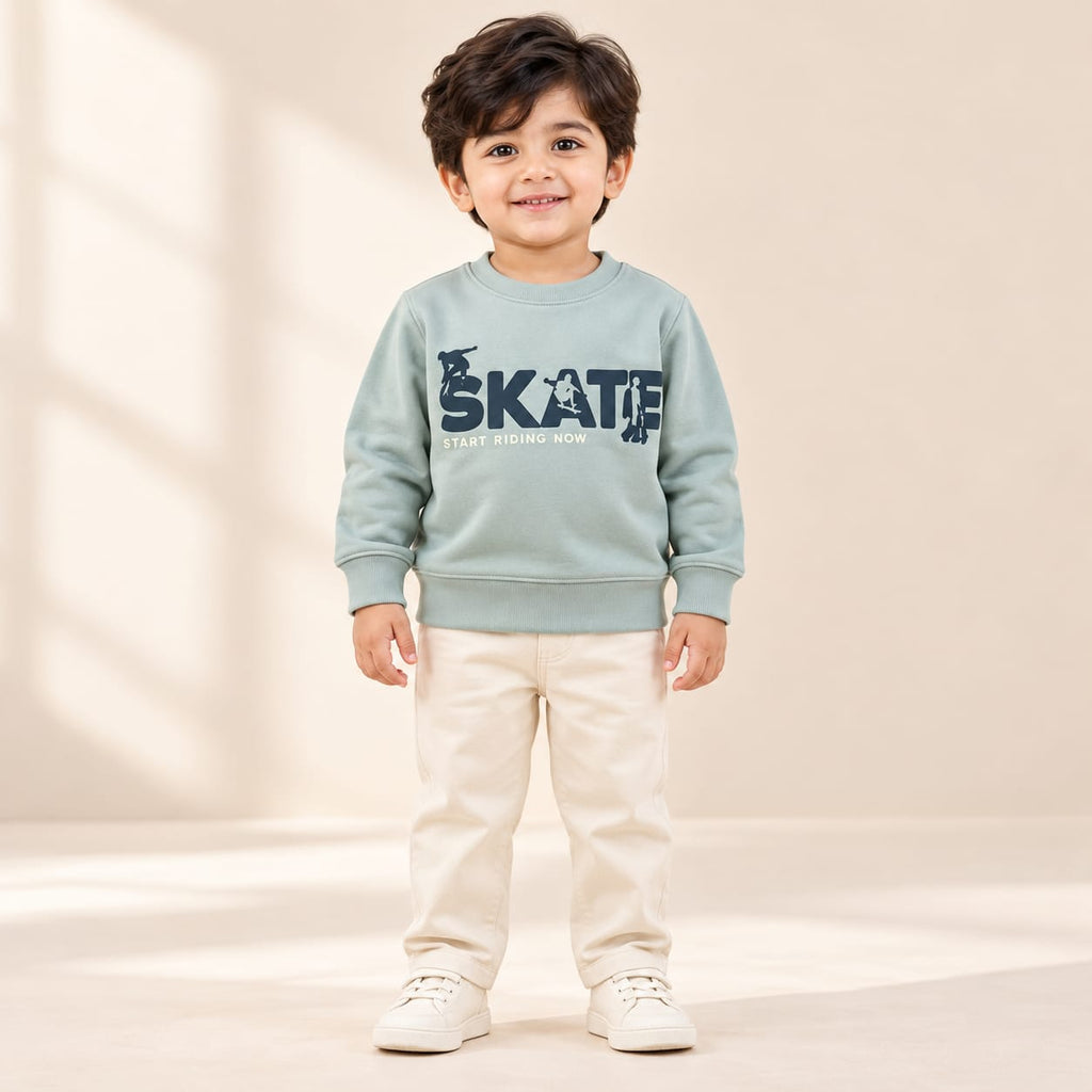Kids Sage Green Skate Graphic Sweatshirt – Boys & Girls Full Sleeve Crew Neck Winter Pullover