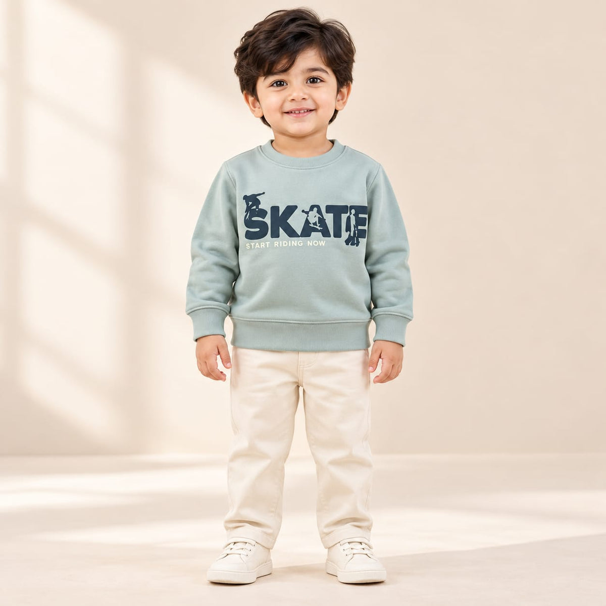 Kids Sage Green Skate Graphic Sweatshirt – Boys & Girls Full Sleeve Crew Neck Winter Pullover