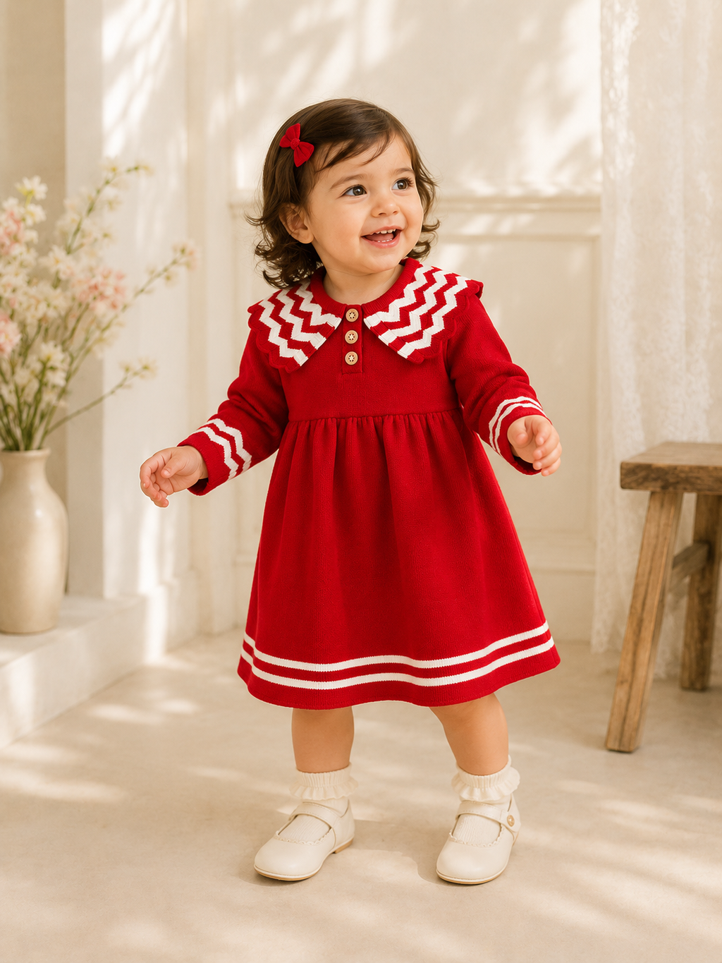 Girls Woolen Frock Red with White Stripes