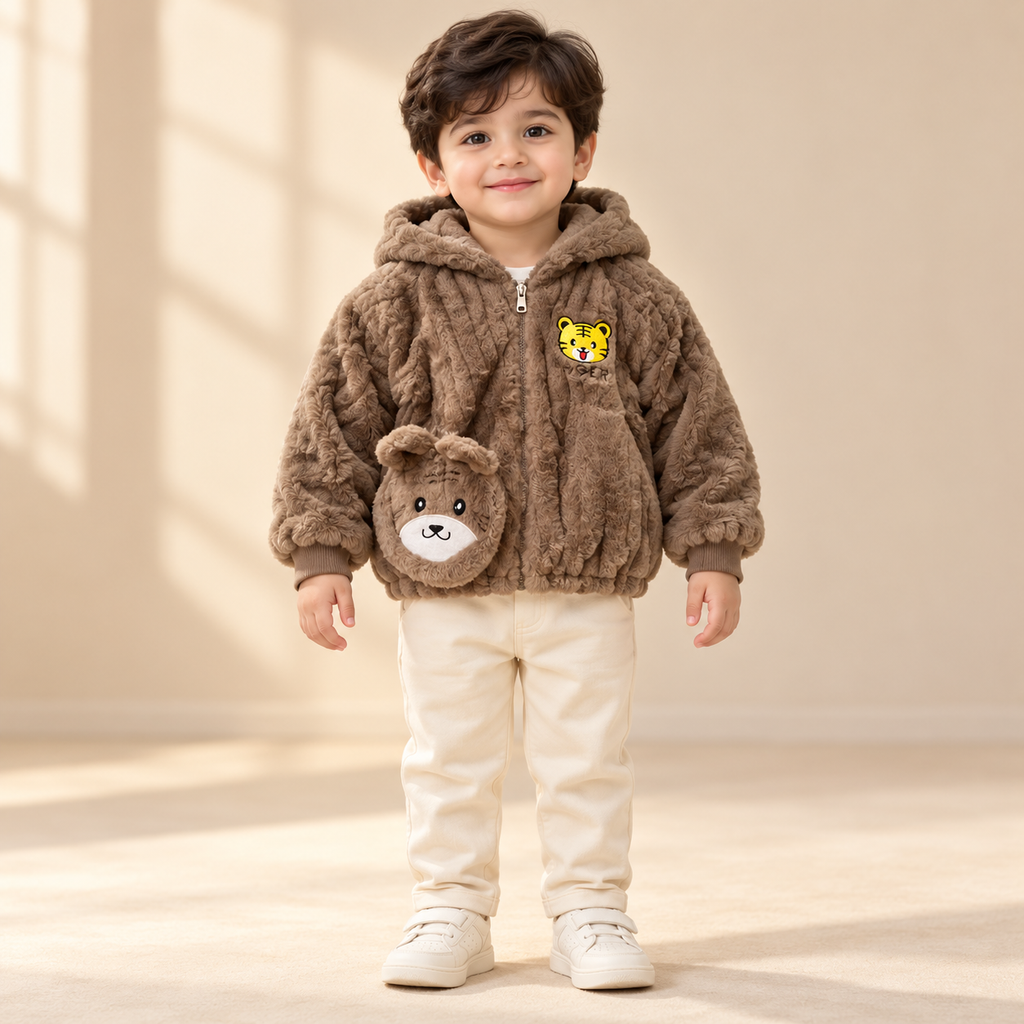 Kids Brown Tiger & Teddy Bear Plush Hooded Winter Jacket – Soft Fluffy Zip-Up Coat