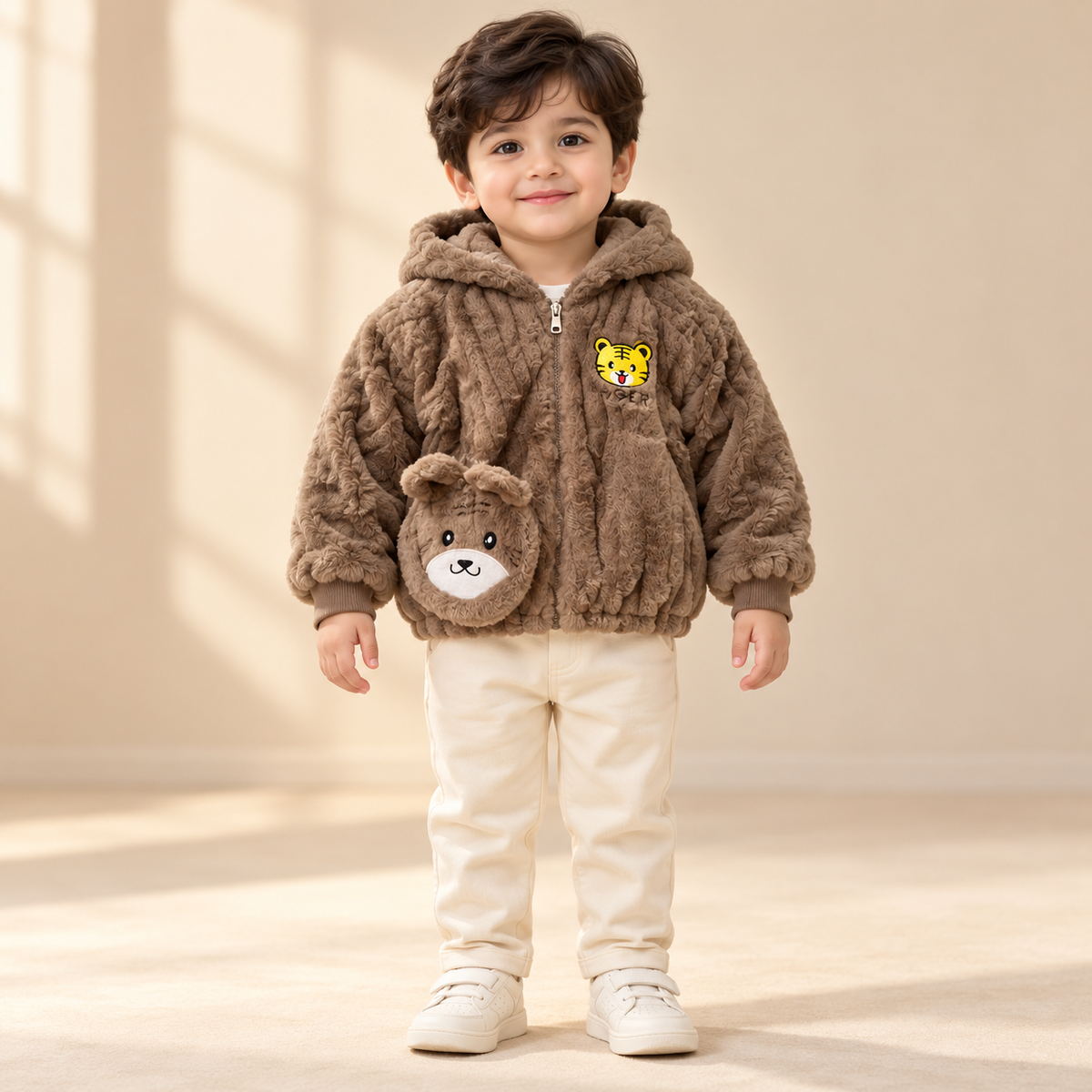 Kids Brown Tiger & Teddy Bear Plush Hooded Winter Jacket – Soft Fluffy Zip-Up Coat