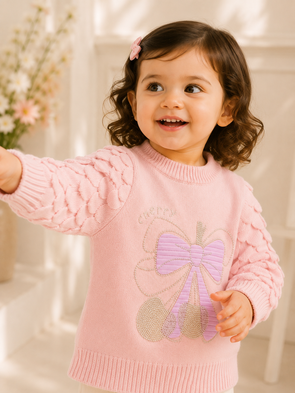 Girls Woolen Sweatshirt Bow Light Peach