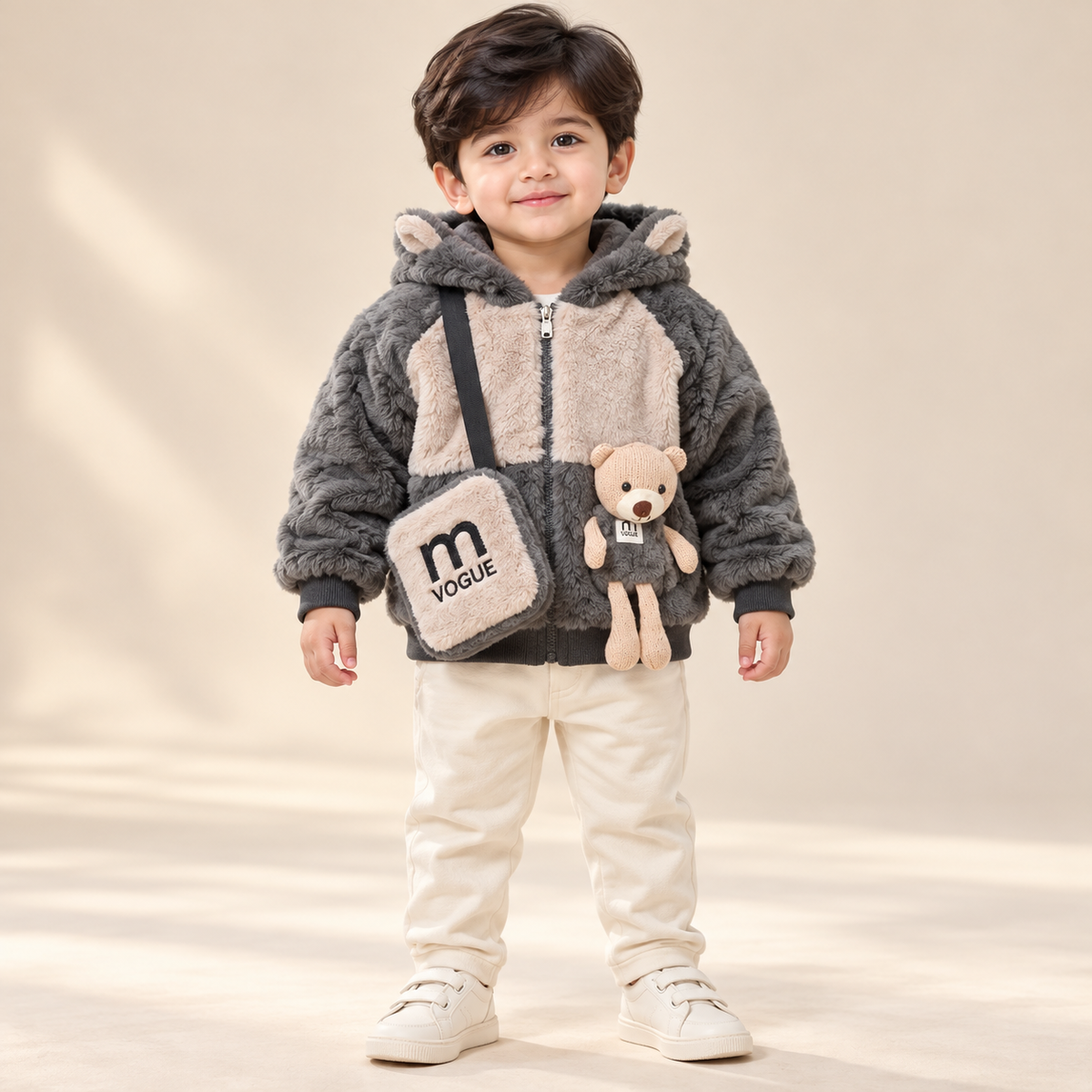 Kids Grey & Cream Teddy Bear Plush Hooded Winter Jacket with Matching Bag