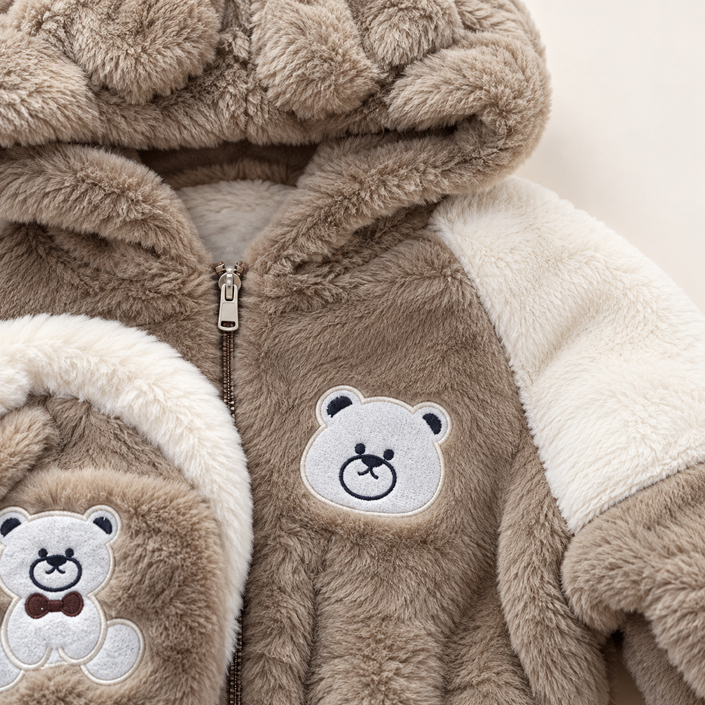 Kids Beige & Cream Teddy Bear Plush Hooded Winter Jacket with Matching Crossbody Bag