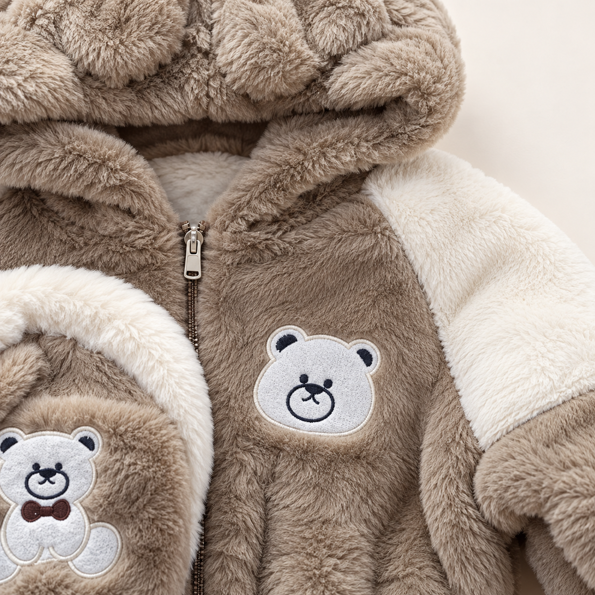 Kids Beige & Cream Teddy Bear Plush Hooded Winter Jacket with Matching Crossbody Bag