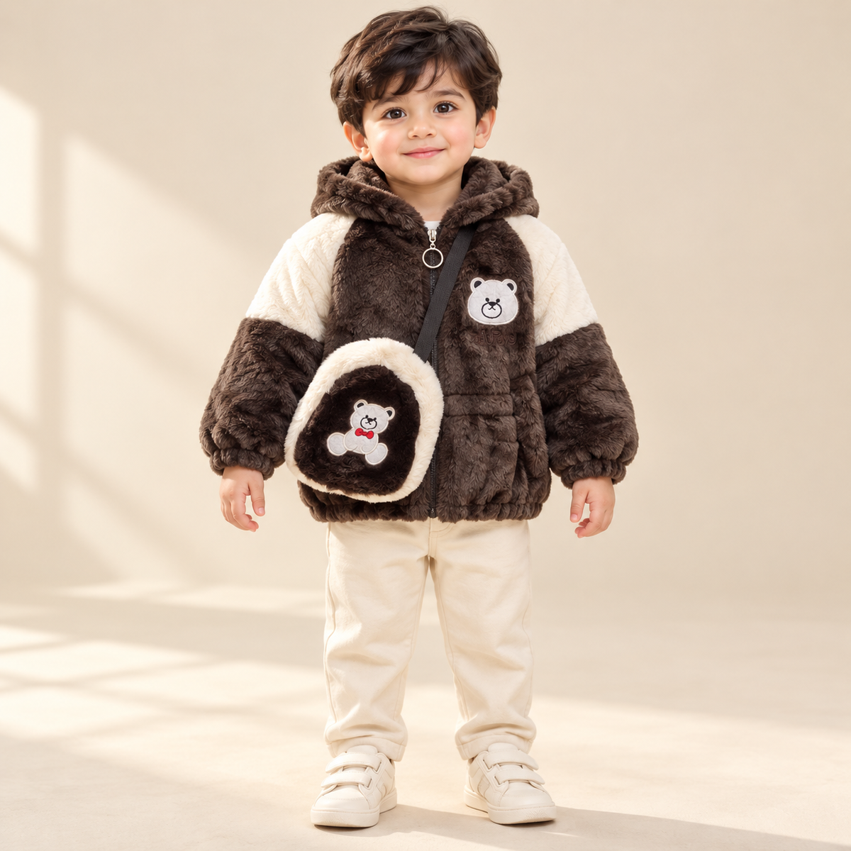 Kids Chocolate Brown & Cream Teddy Bear Plush Hooded Winter Jacket with Matching Crossbody Bag