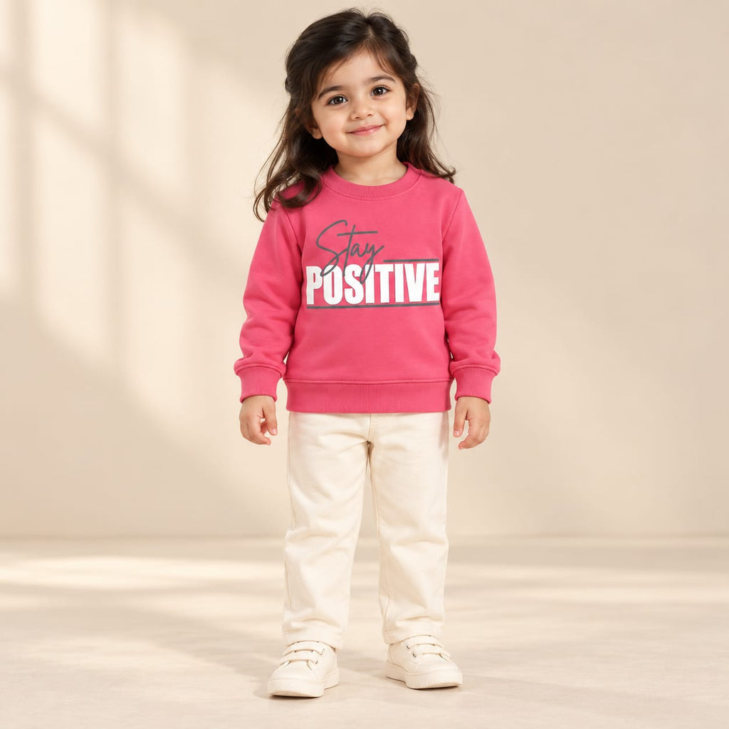 Kids Pink Stay Positive Graphic Sweatshirt – Boys & Girls Full Sleeve Crew Neck Winter Pullover