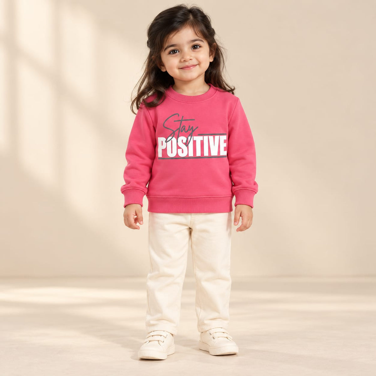Kids Pink Stay Positive Graphic Sweatshirt – Boys & Girls Full Sleeve Crew Neck Winter Pullover