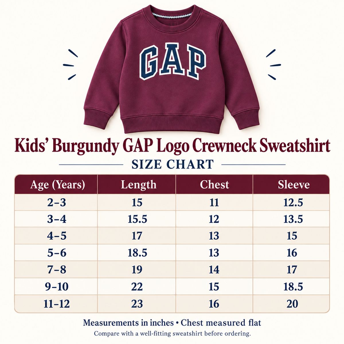 Kids Maroon GAP Logo Sweatshirt – Boys & Girls Full Sleeve Crew Neck Winter Pullover