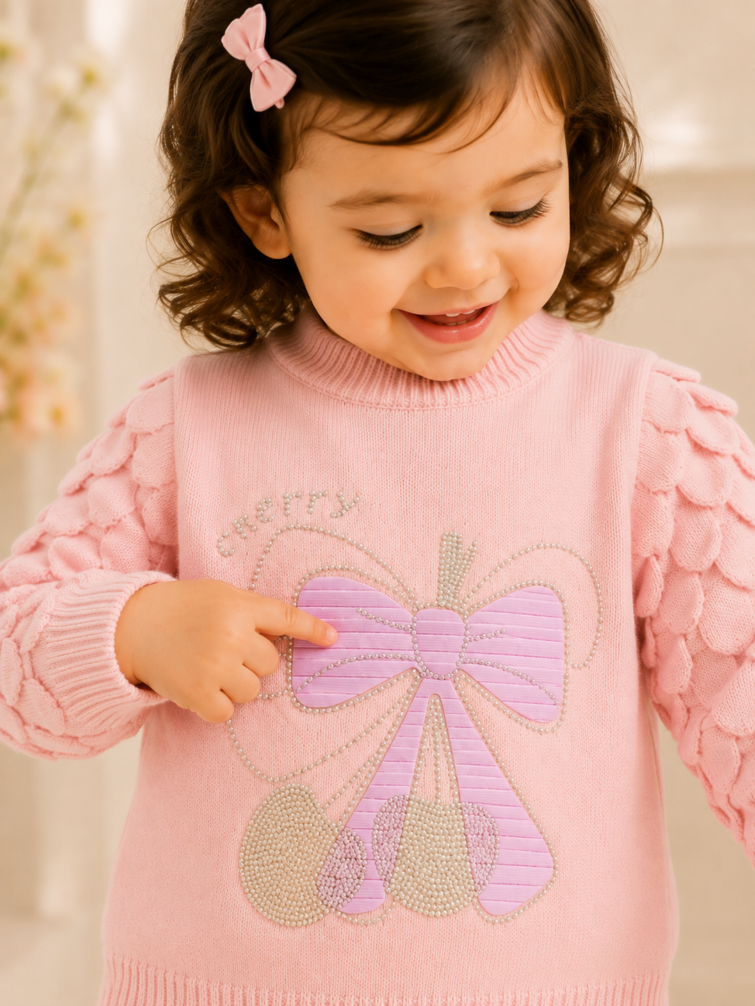 Girls Woolen Sweatshirt Bow Light Peach