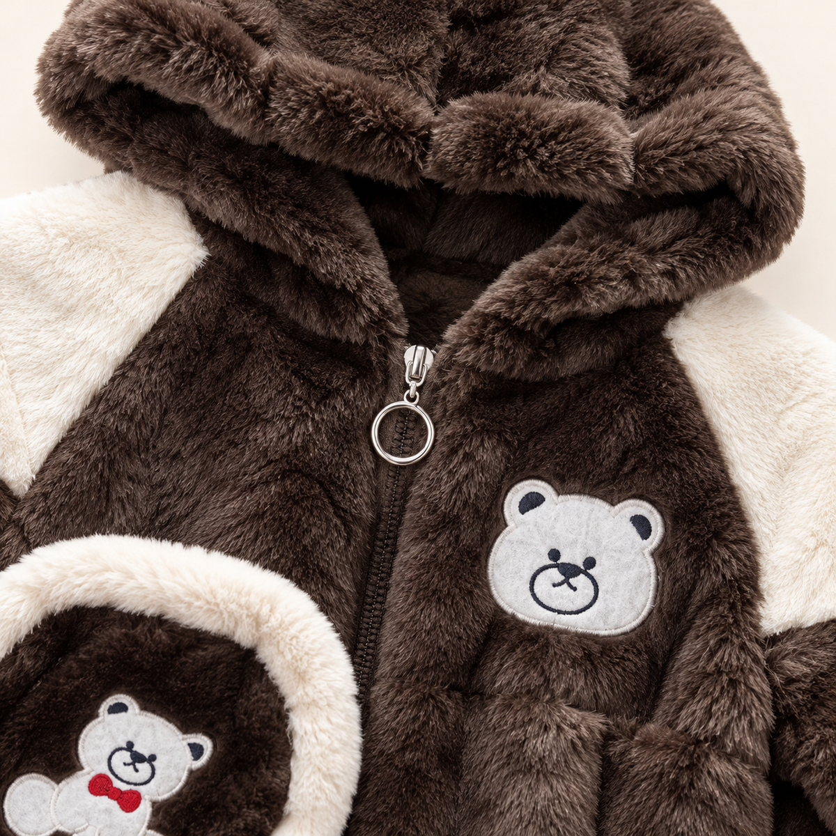 Kids Chocolate Brown & Cream Teddy Bear Plush Hooded Winter Jacket with Matching Crossbody Bag