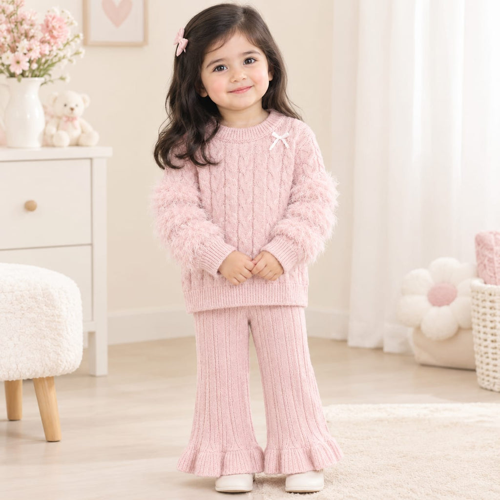 Baby Girls Pink Cable Knit Sweater & Ruffle Flared Pants 2-Piece Winter Outfit