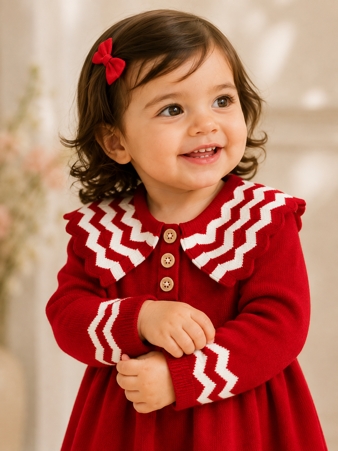 Girls Woolen Frock Red with White Stripes