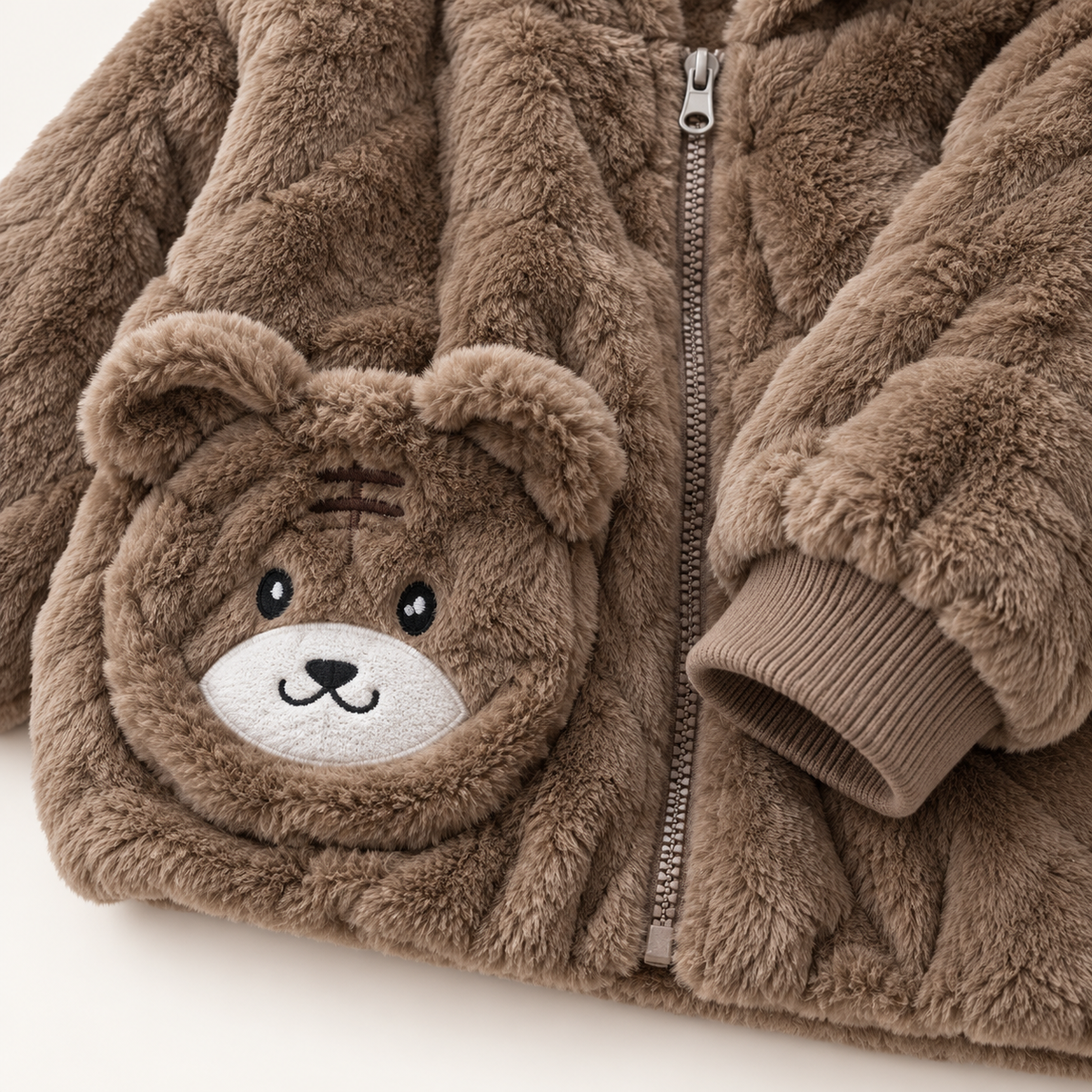 Kids Brown Tiger & Teddy Bear Plush Hooded Winter Jacket – Soft Fluffy Zip-Up Coat
