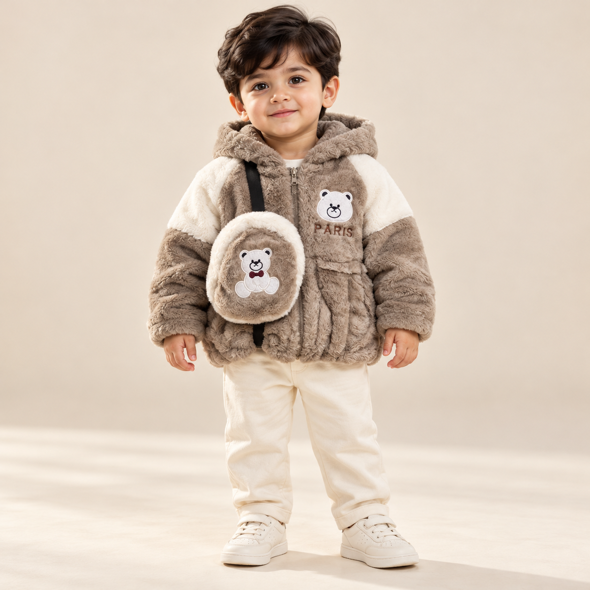 Kids Beige & Cream Teddy Bear Plush Hooded Winter Jacket with Matching Crossbody Bag