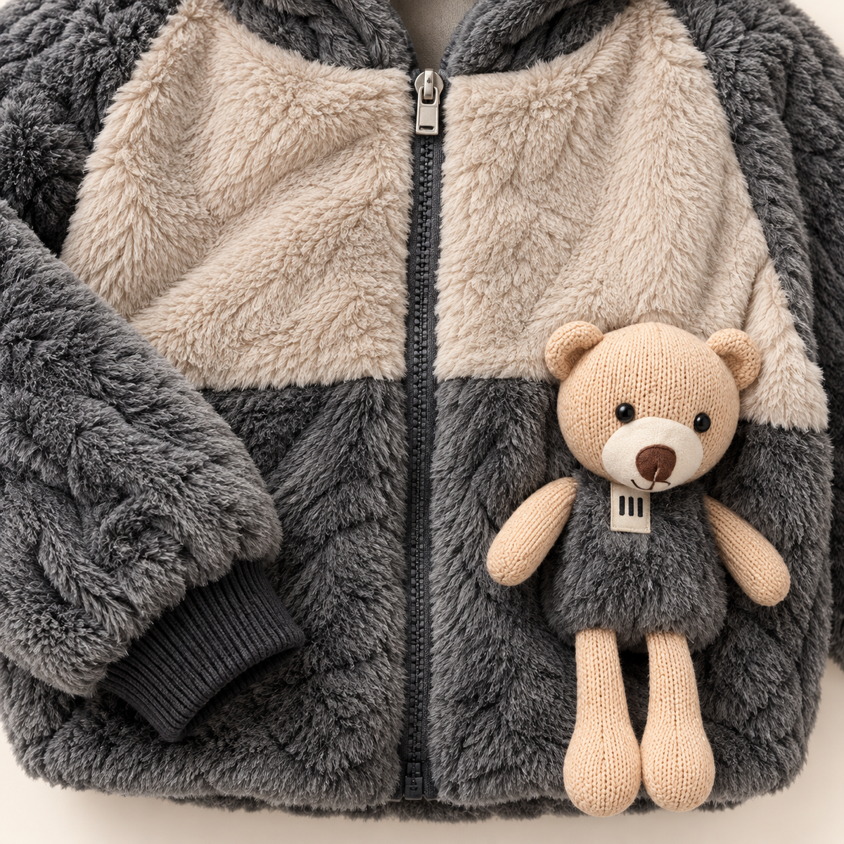 Kids Grey & Cream Teddy Bear Plush Hooded Winter Jacket with Matching Bag