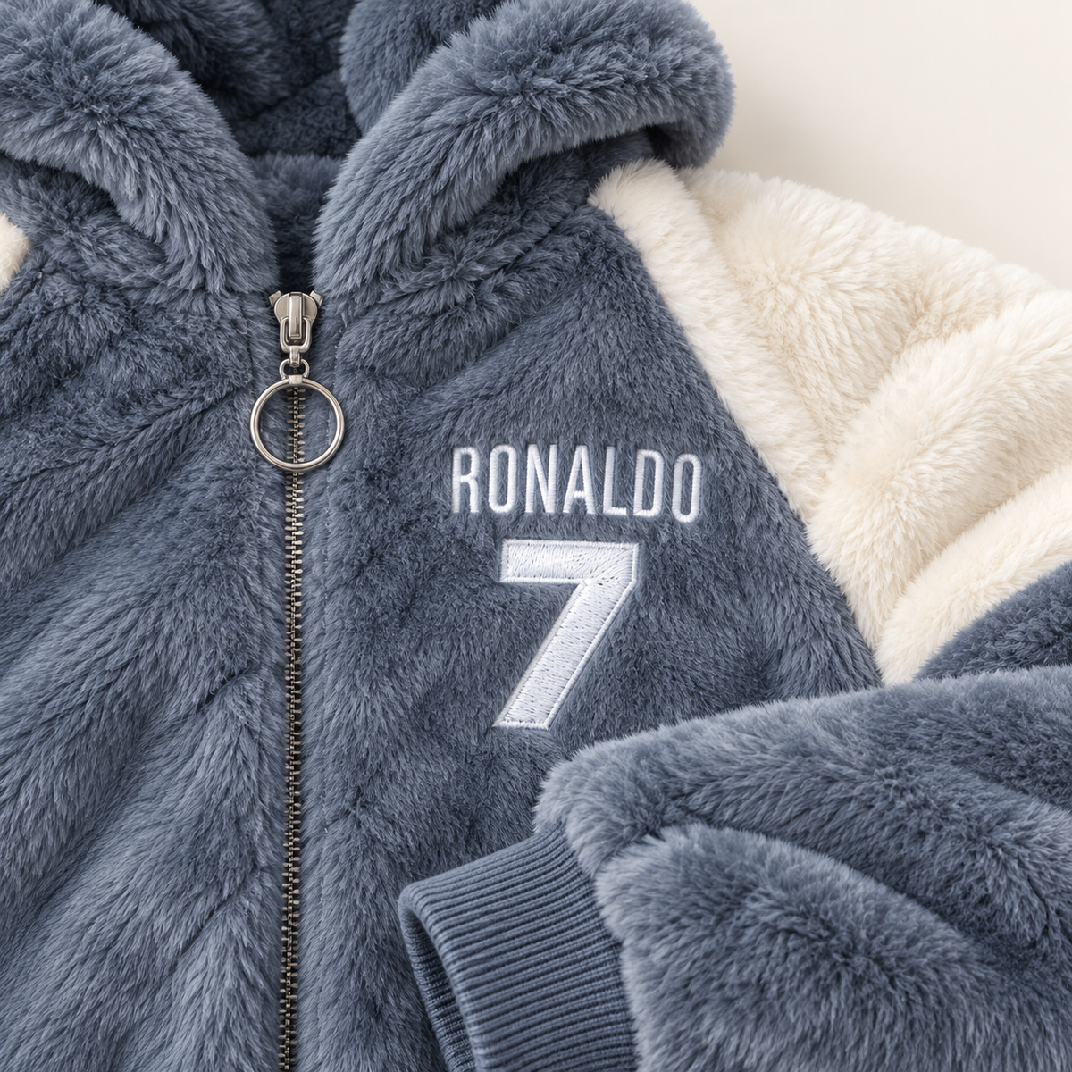Kids Blue Grey Ronaldo 7 Plush Hooded Winter Jacket with Matching Crossbody Bag