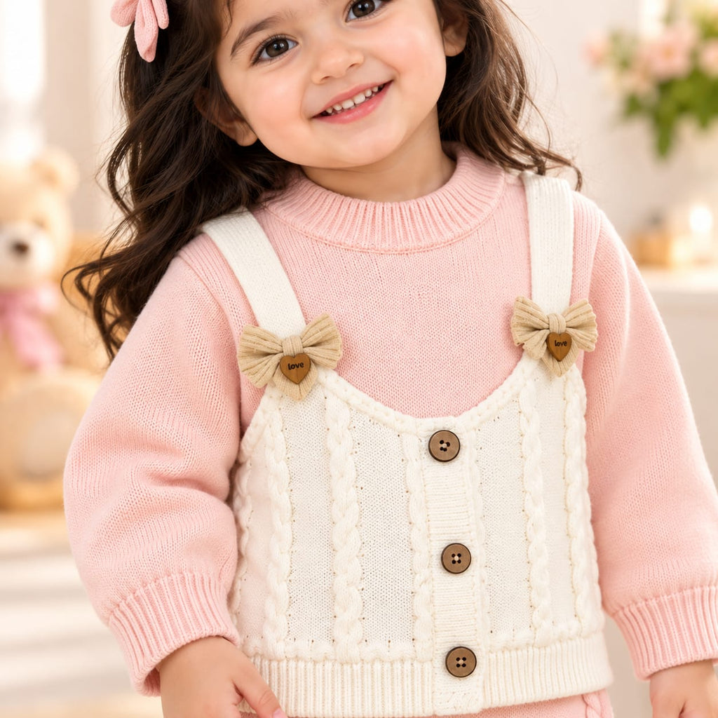 Baby Girls Pink Knitted Sweater with Cream Cable Knit Vest Design & Ruffle Pants – 2-Piece Winter Outfit