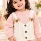 Baby Girls Pink Knitted Sweater with Cream Cable Knit Vest Design & Ruffle Pants – 2-Piece Winter Outfit