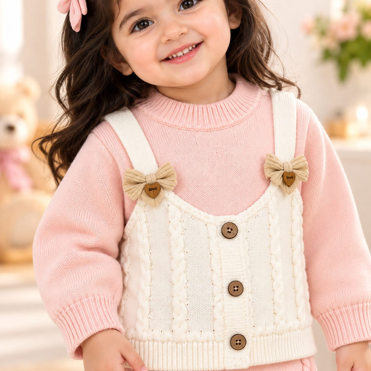 Baby Girls Pink Knitted Sweater with Cream Cable Knit Vest Design & Ruffle Pants – 2-Piece Winter Outfit