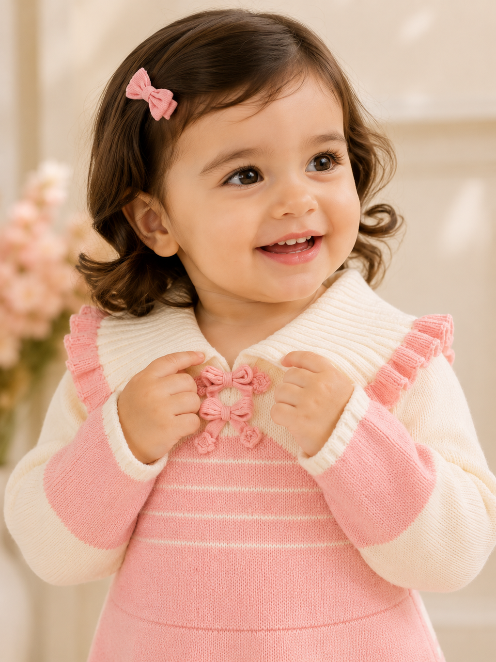 Girls Woolen Frock White and Pink
