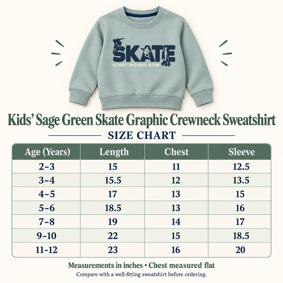 Kids Sage Green Skate Graphic Sweatshirt – Boys & Girls Full Sleeve Crew Neck Winter Pullover