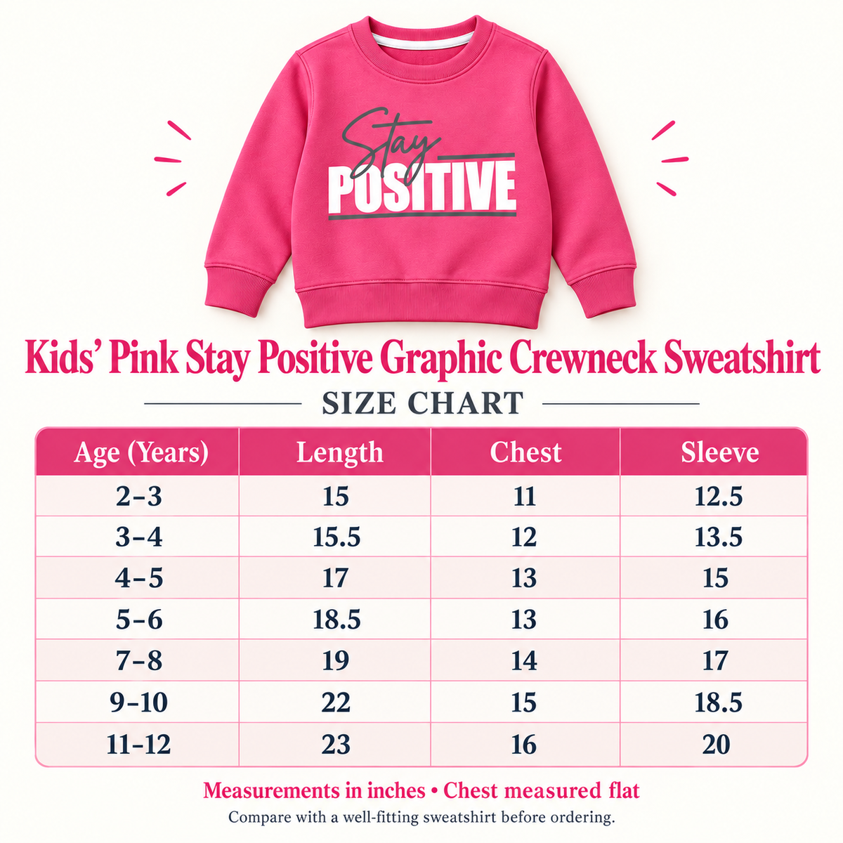 Kids Pink Stay Positive Graphic Sweatshirt – Boys & Girls Full Sleeve Crew Neck Winter Pullover