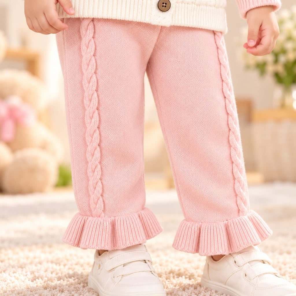 Baby Girls Pink Knitted Sweater with Cream Cable Knit Vest Design & Ruffle Pants – 2-Piece Winter Outfit