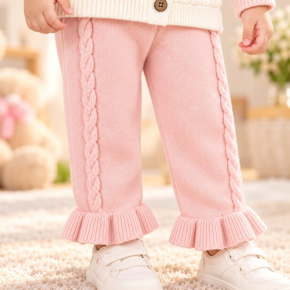 Baby Girls Pink Knitted Sweater with Cream Cable Knit Vest Design & Ruffle Pants – 2-Piece Winter Outfit