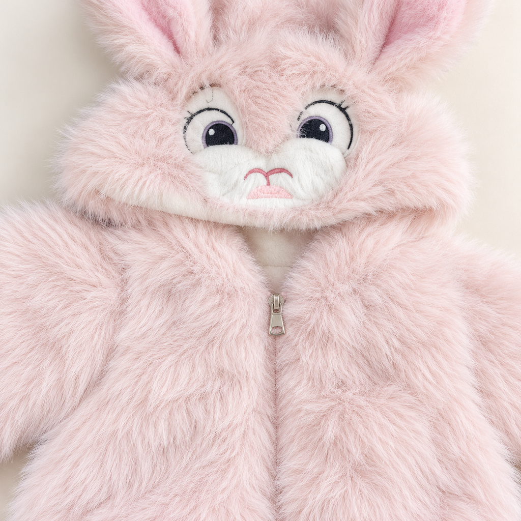 Baby Girls Light Pink Fluffy Bunny Hooded Faux Fur Jacket – Soft Winter Coat